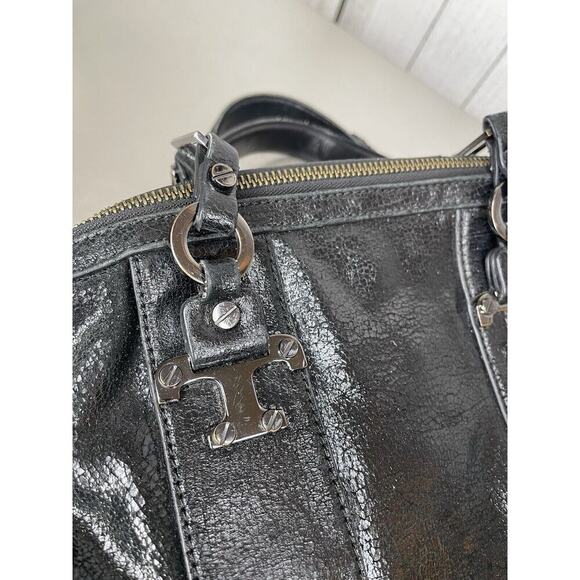 Tory Burch Black Sheen Crackle Leather Top Handle Bag Chunky Hardware Y2K - Picture 5 of 11